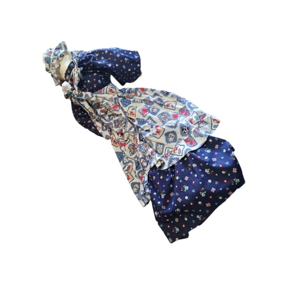 Rabbit Handmade Doll with Long Ears and a Patchwork Apron over a Navy Blue Dress - Picture 5 of 5